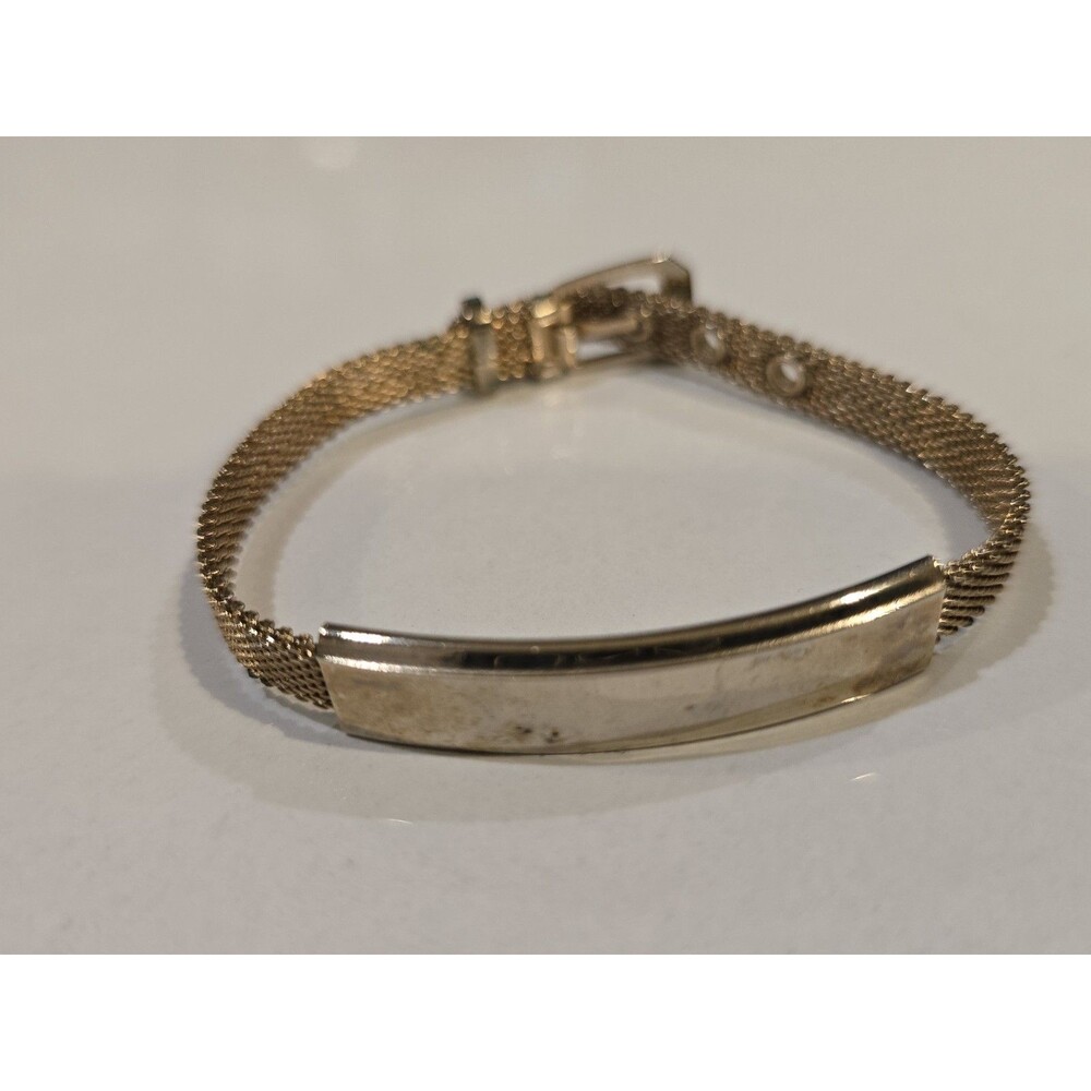 Vintage Gold Tone Mesh ID Bracelet Engravable Bar Buckle Clasp Unisex #1314